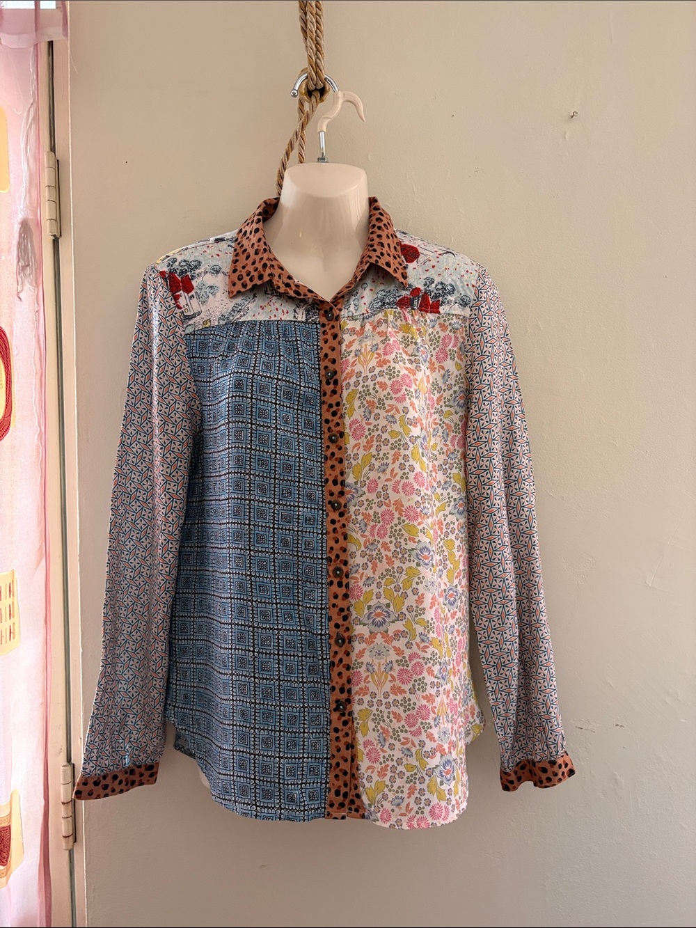 Mixed Print Button-Up Blouse in Blue, Pink, Yellow & Brown.   Viscose